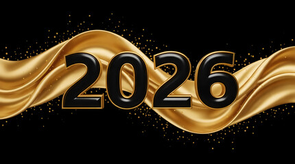 Stunning 3D 2026 celebration text floats elegantly over luxurious black and gold flowing silk background