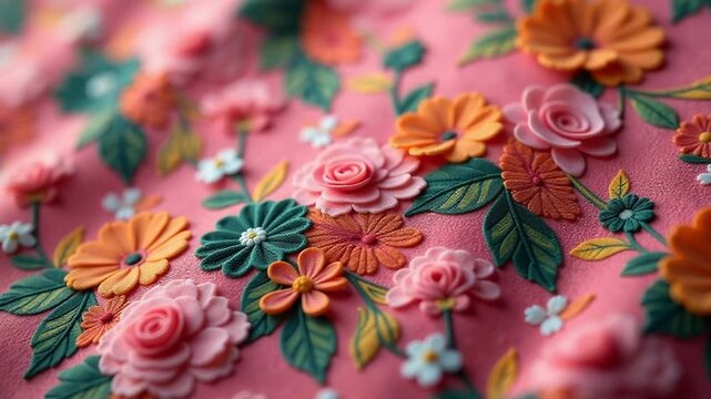 Video Close-up of a pink fabric with floral patterns