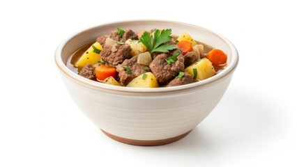 A hearty Irish beef stew with potatoes, carrots, onions, and parsley in a bowl decorated with a shamrock. Perfect for St. Patrick's Day or traditional cuisine themes. AI generated.