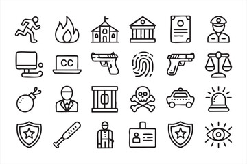 Police and Safety Line Icons for Crime Prevention, Law Systems, and Enforcement Graphics