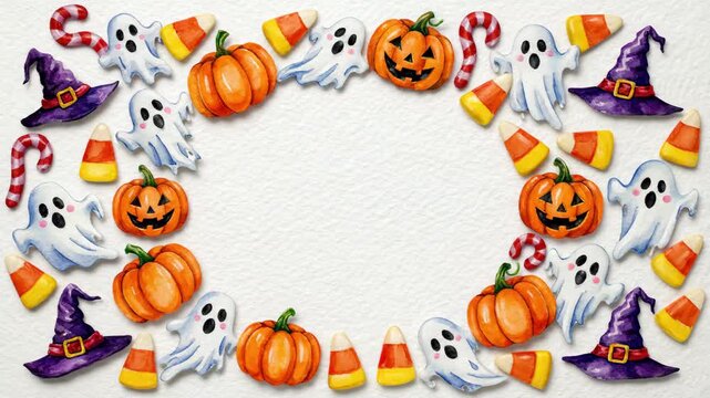Festive Halloween Frame: A captivating arrangement of cheerful Halloween icons in a circular composition, creating a decorative frame around an open space for text. 