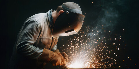 Skilled worker in a welding mask and protective gear illuminating a dark workshop while fusing metal, creating bright sparks