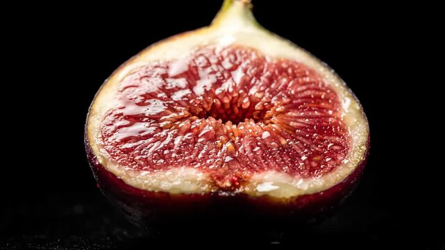 Close up shot of a halved fig, showing seeds and inner flesh