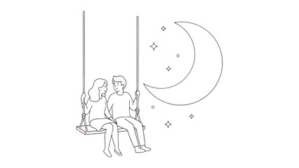 Moonlit Serenade: A couple shares an intimate moment on a swing, silhouetted against a backdrop of a crescent moon and twinkling stars, evoking a sense of romance and connection.