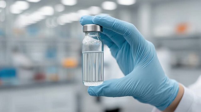 Clear glass vial held by a gloved hand in a modern laboratory setting with blurred background and scientific equipment 4k video footage