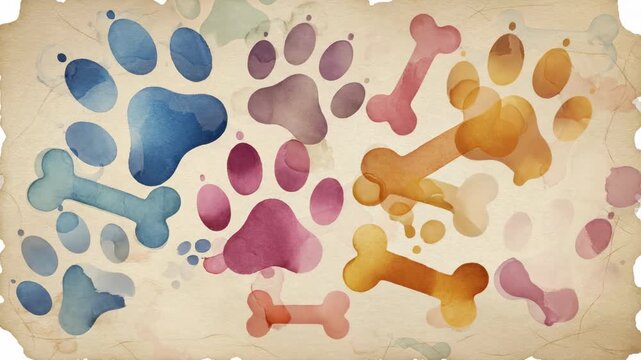 Animated watercolor paw prints and stylized bone shapes gently bloom and dissolve across a pale cream parchment background loop abstract, flow, grooming