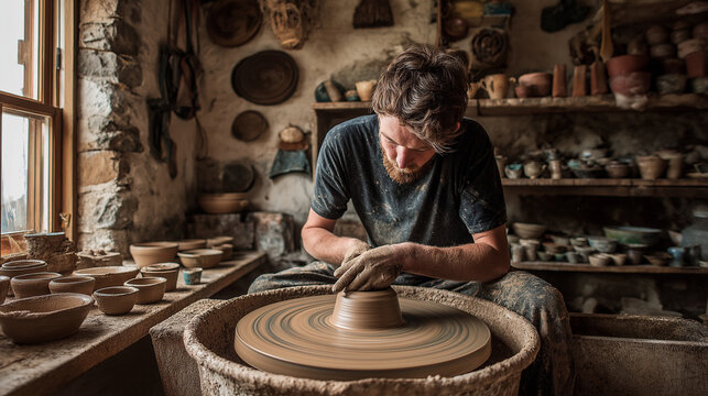Potter shaping clay on wheel in workshop.