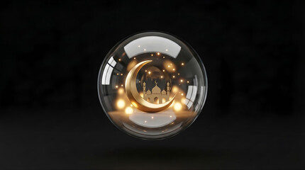 3D Conceptual Art of Golden Crescent Moon and Mosque Inside a Glass Sphere