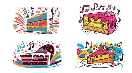 Pop art cake slice shouting with bold vibrant colors and floating music notes, playful cartoon illustration expressing joy, sound and celebration, ideal for posters, stickers, pop culture designs 
