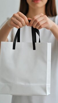 A person's hands delicately hold a clean, minimalist white paper shopping bag with black handles, symbolizing thoughtful consumer choices and stylish retail delivery or gifting