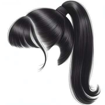 Realistic illustration of shiny vactor black hair in a high ponytail with bangs fringe