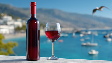 Red wine bottle and glass overlooking scenic harbor with boats and mountains