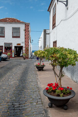 Garachico, Tenerife, Spain, Charming street scene showcasing traditional architecture and vibrant flower pots along a cobblestone road