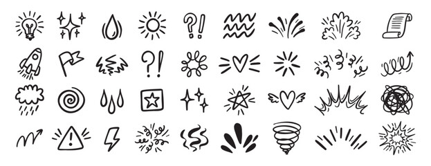 Comic effect icon set, manga doodle elements collection. Retro anime movement, exclamation and emphasis expressions. Doodle emotion of character in comic style