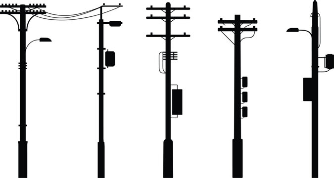 Collection of black silhouette utility poles with electrical equipment and street lights Keywords: utility pole, silhouette