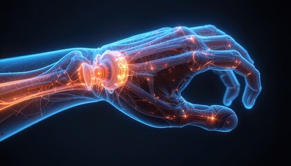 Stunning medical visualization showcasing human hand anatomy with glowing orange nerves for use in healthcare marketing and pharmaceutical advertising
