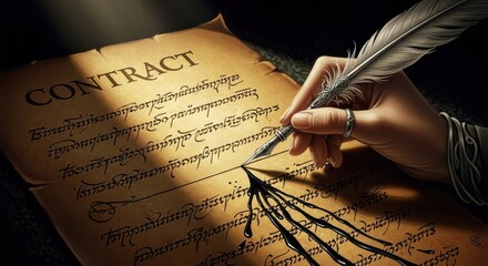 Signing a contract with a quill pen