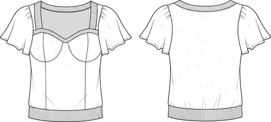 Technical fashion flat sketch of women’s top with flutter sleeves, sweetheart neckline, mesh insert, princess seams, front and back views © MstShahida