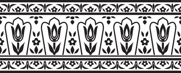 Vector monochrome black seamless turkish ornament. Endless ottoman national border, frame