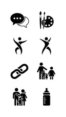 Abstract vector icon set chat bubble palette brushes active figures link chain family groups feeding bottle silhouette simple pictograms creative logo concepts
