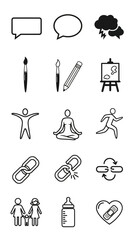 Outline icons set communication weather art drawing painting active figures connection chain family care symbols feeding bottle isolated white background vector graphics