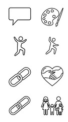 Set of line art icons including speech bubble art palette paintbrush happy people jumping chain links helping hands heart shape family with children vector illustration