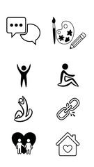 Set of black and white icons representing communication artistic expression relaxation well-being connection family love and home perfect for web design and applications
