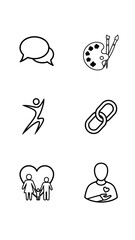 Set of black line icons featuring dialogue speech bubbles art palette brushes abstract joyful person chain link connection family heart shape social care hand holding heart graphic illustration
