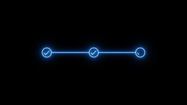 Glowing neon blue colour 3 step infographic process with check mark icon on black background. step by step process with check marks motion graphics, 4k video