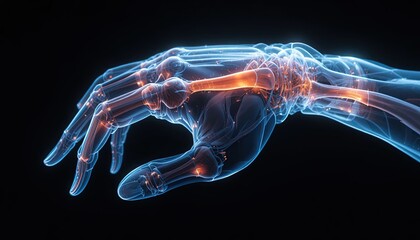 Detailed 3D medical rendering of human hand anatomy showcasing bones and joints for healthcare, research, and educational purposes with transparent effect