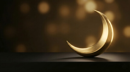 Elegant Golden Crescent Moon on Dark Podium for Eid and Ramadan Background