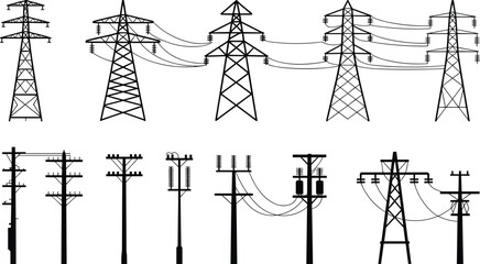 Diverse electrical transmission towers and utility poles with wires on white Keywords: electricity, power, tower, pole, line