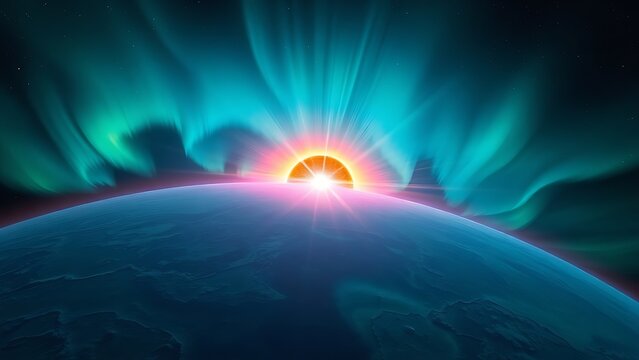 thermosphere. A painterly solar corona explosion with rippling aurora energy cascading toward a small blue planet. STEM education sheets.