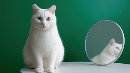 White cat with green eyes sitting beside mirror on white table against emerald green background