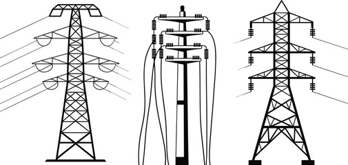 Electricity Transmission Towers and a Utility Pole with Wires and Insulators electricity tower pylon