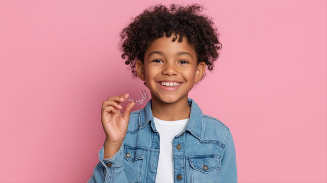 Happy african child holding dental retainer against pink background