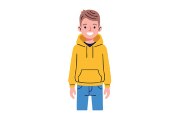 Cartoon depiction of a smiling person wearing a yellow hoodie and blue jeans