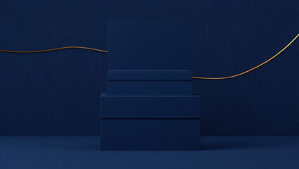 3D Rendering of a Dark Blue Podium or Stage with Golden Accents on a Textured Background - Abstract Minimalist Design