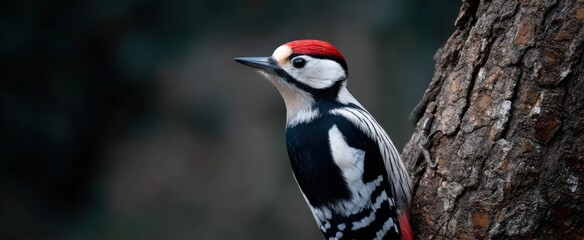 Obraz premium The woodpecker pecking the tree bark with its beak nonstop