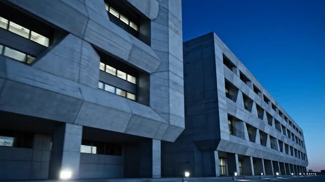 Architectural dolly shot emphasizing the cold sleek geometric concrete facade of a massive modern high-security institutional building under blue twilight restricted access, exterior, abstract concept
