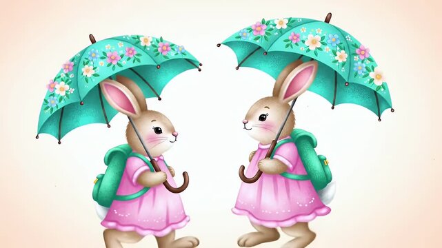 Two Cute Rabbits in Pink Dresses with Teal Floral Umbrellas and Matching Backpacks
