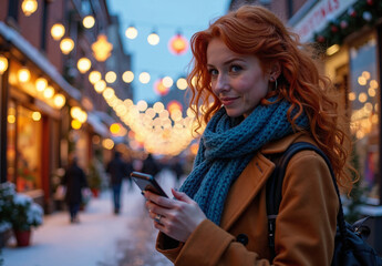 Red-haired woman walking on a snow-covered street at dusk, wearing a tan coat and blue scarf under warm lantern lights.
