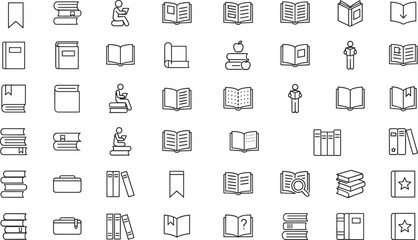 Collection of book and reading line icons representing education, study materials, libraries, learning resources, literature, stationary elements, and academic concepts.
