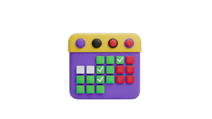 Purple Calendar Icon With Green Checkmarks Red Squares And White Squares On A Black Background Representing Scheduling And Planning Tasks