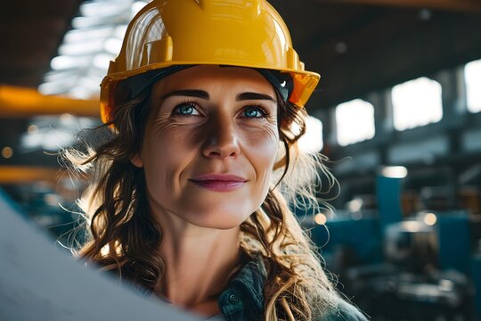 Professional Female Mechanical Engineer Reviewing Blueprints in Modern Factory