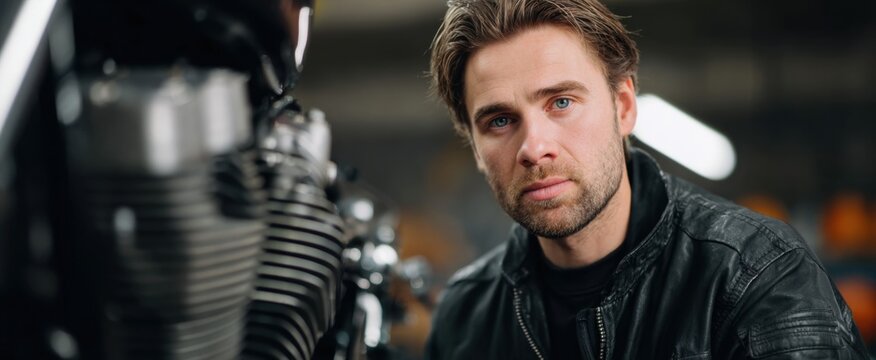 Motorcycle mechanic carefully inspecting a motorbike engine with focused passion in workshop. - Powered by Adobe