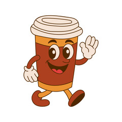 Coffee cup in retro cartoon character style with mascot and illustration flair for a vintage cafe. Cute sticker for menus and packaging. Fun drink icon.