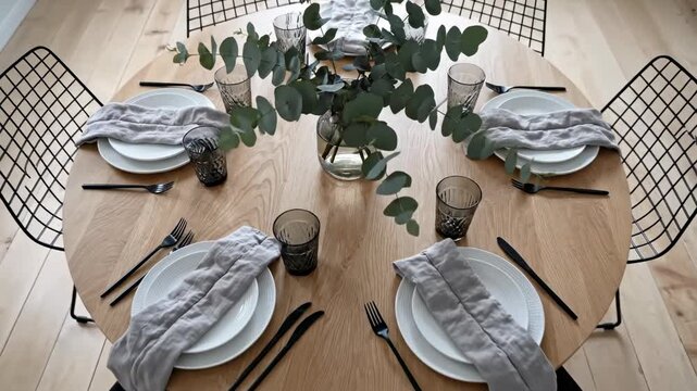 Elegant Table Setting: A circular wooden table, meticulously set for a dining experience, adorned with delicate plates, elegant cutlery, and sophisticated glassware.