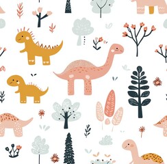Obraz premium Cute Dinosaur Seamless Pattern with Flowers and Trees