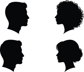 Profile silhouettes of diverse men and women heads, face to face, representing communication, anonymity, corporate identity, and human diversity